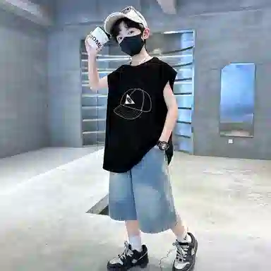 木木兔休闲运动套装 时髦洋气无袖背心牛仔裤时尚男孩宽松舒适两件套 儿童款