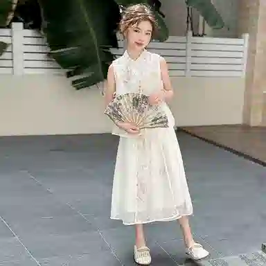 木木兔休闲运动套装 时髦洋气无袖新中式时尚女孩宽松舒适国风裙裤两件套