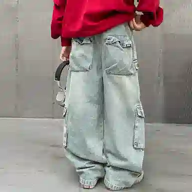 木木兔 牛仔裤  时髦洋气男童裤子帅气个性工装裤休闲百搭大童男孩宽松舒适直筒裤