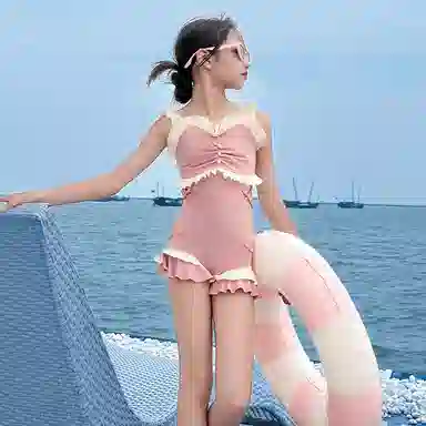 木木兔 夏季时髦洋气时尚女孩中大童初中生游泳学生少女花边泳装泳衣裤 儿童款