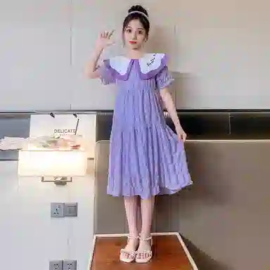 木木兔连衣裙 时髦洋气中大童夏季时尚女孩刺绣娃娃领裙子