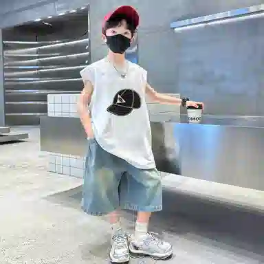 木木兔休闲运动套装 时髦洋气无袖背心牛仔裤时尚男孩宽松舒适两件套 儿童款