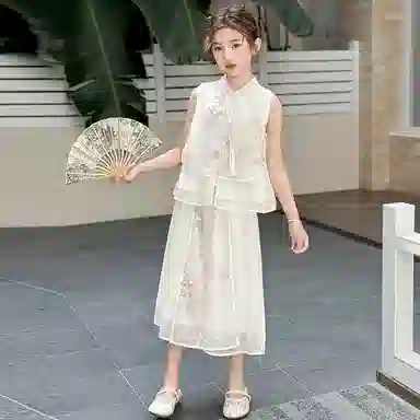 木木兔休闲运动套装 时髦洋气无袖新中式时尚女孩宽松舒适国风裙裤两件套