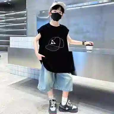 木木兔休闲运动套装 时髦洋气无袖背心牛仔裤时尚男孩宽松舒适两件套 儿童款
