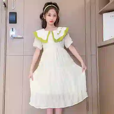 木木兔连衣裙 时髦洋气中大童夏季时尚女孩刺绣娃娃领裙子