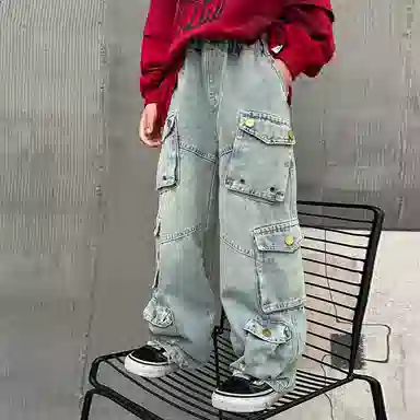 木木兔 牛仔裤  时髦洋气男童裤子帅气个性工装裤休闲百搭大童男孩宽松舒适直筒裤