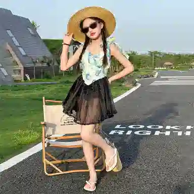 木木兔 夏季时髦洋气时尚女孩速干泳装立体大花朵荷叶裙摆游泳泳衣裤 儿童款
