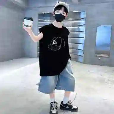 木木兔休闲运动套装 时髦洋气无袖背心牛仔裤时尚男孩宽松舒适两件套 儿童款