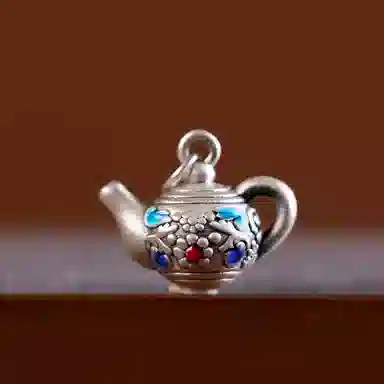 阿七 小茶壶手把件珐琅彩纯银精致饰品 足银 挂件 男女同款情侣款