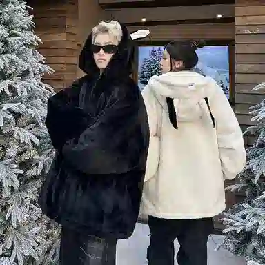 【dme】 潮流时尚情侣款仿兔毛保暖软糯加绒加厚棉衣外套男秋冬宽松百搭兔朵装饰舒适棉服 男女同款