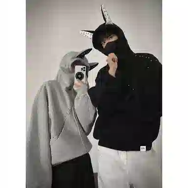 【dme】 复古美式重磅拼接铆钉杜宾耳朵连帽中性情侣外套秋款时尚休闲宽松开衫卫衣 男女同款