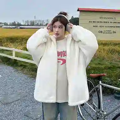 【dme】 潮流时尚情侣款仿兔毛保暖软糯加绒加厚棉衣外套男秋冬宽松百搭兔朵装饰舒适棉服 男女同款