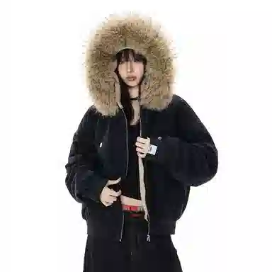 【dme】 潮牌美式复古座山雕毛领宽松连帽加厚外套男保暖设计感棉衣秋季时尚情侣中性休闲棉服 男女同款