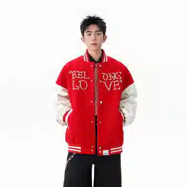 【dme】  潮流时尚设计款美式复古珍珠字母撞色拼接夹克外套男秋季宽松休闲情侣百搭中性棒球服 男女同款