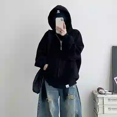 【dme】 美式高街重磅结构简约基础款连帽开衫上衣男秋款宽松情侣拉链休闲卫衣外套 男女同款