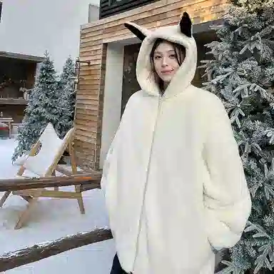 【dme】 潮流时尚情侣款仿兔毛保暖软糯加绒加厚棉衣外套男秋冬宽松百搭兔朵装饰舒适棉服 男女同款