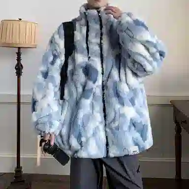 【dme】 潮流时尚大码港风渐变毛绒加厚内里棉衣外套男冬季宽松情侣休闲百搭加绒立领棉服 男女同款