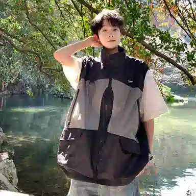 【dme】 美式复古拼接撞色户外立领宽松舒适休闲百搭上衣背心 男女同款