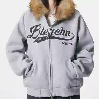 【dme】 美式复古字母刺绣印花毛领连帽开衫潮流宽松休闲百搭上衣卫衣 男女同款