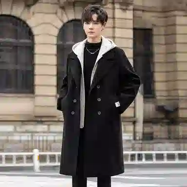 【dme】 潮流韩系假两件宽松连帽小香风中长款毛呢外套男秋冬保暖加厚休闲中性设计款呢子大衣 男女同款