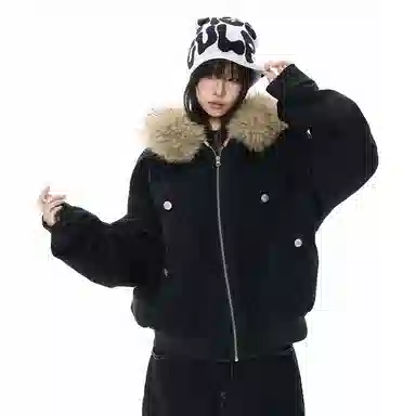 【dme】 潮牌美式复古座山雕毛领宽松连帽加厚外套男保暖设计感棉衣秋季时尚情侣中性休闲棉服 男女同款