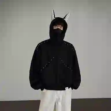 【dme】 复古美式重磅拼接铆钉杜宾耳朵连帽中性情侣外套秋款时尚休闲宽松开衫卫衣 男女同款