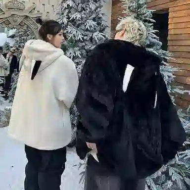 【dme】 潮流时尚情侣款仿兔毛保暖软糯加绒加厚棉衣外套男秋冬宽松百搭兔朵装饰舒适棉服 男女同款