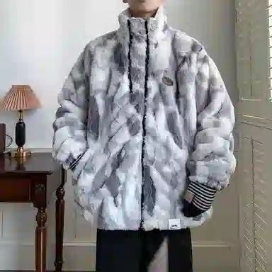 【dme】 潮流时尚大码港风渐变毛绒加厚内里棉衣外套男冬季宽松情侣休闲百搭加绒立领棉服 男女同款