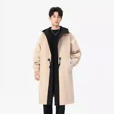 【dme】 潮流时尚撞色拼接宽松连帽中长款工装大衣男春秋简约设计假两件休闲风衣外套 男女同款