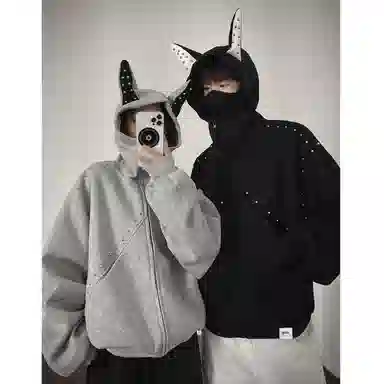 【dme】 复古美式重磅拼接铆钉杜宾耳朵连帽中性情侣外套秋款时尚休闲宽松开衫卫衣 男女同款