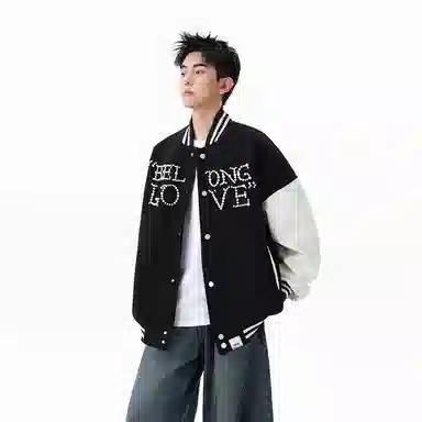 【dme】  潮流时尚设计款美式复古珍珠字母撞色拼接夹克外套男秋季宽松休闲情侣百搭中性棒球服 男女同款