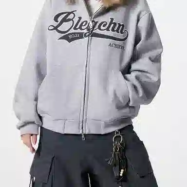 【dme】 美式复古字母刺绣印花毛领连帽开衫潮流宽松休闲百搭上衣卫衣 男女同款