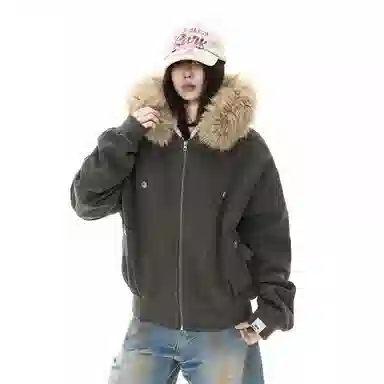 【dme】 潮牌美式复古座山雕毛领宽松连帽加厚外套男保暖设计感棉衣秋季时尚情侣中性休闲棉服 男女同款