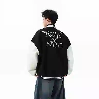 【dme】  潮流时尚设计款美式复古珍珠字母撞色拼接夹克外套男秋季宽松休闲情侣百搭中性棒球服 男女同款