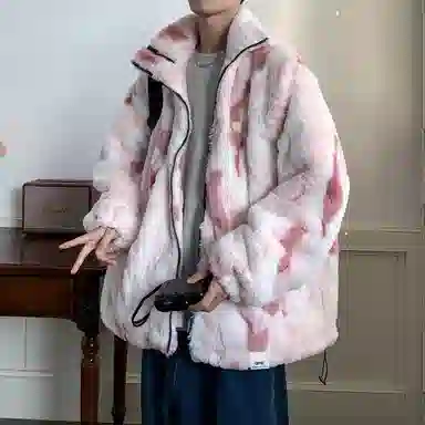 【dme】 潮流时尚大码港风渐变毛绒加厚内里棉衣外套男冬季宽松情侣休闲百搭加绒立领棉服 男女同款