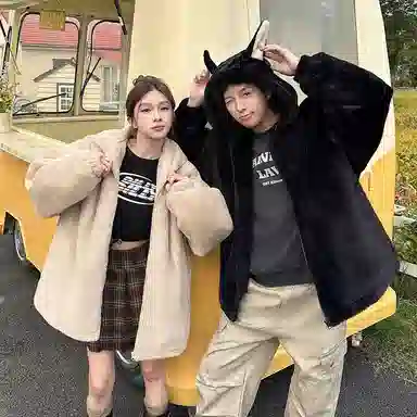 【dme】 潮流时尚情侣款仿兔毛保暖软糯加绒加厚棉衣外套男秋冬宽松百搭兔朵装饰舒适棉服 男女同款