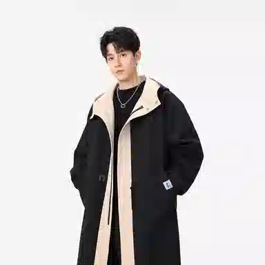【dme】 潮流时尚撞色拼接宽松连帽中长款工装大衣男春秋简约设计假两件休闲风衣外套 男女同款