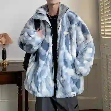 【dme】 潮流时尚大码港风渐变毛绒加厚内里棉衣外套男冬季宽松情侣休闲百搭加绒立领棉服 男女同款