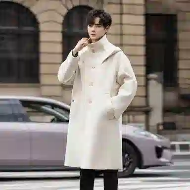 【dme】 气质韩系宽松简约高级感中长款双层领毛呢外套男秋冬潮流痞帅时尚休闲连帽呢子大衣 男女同款