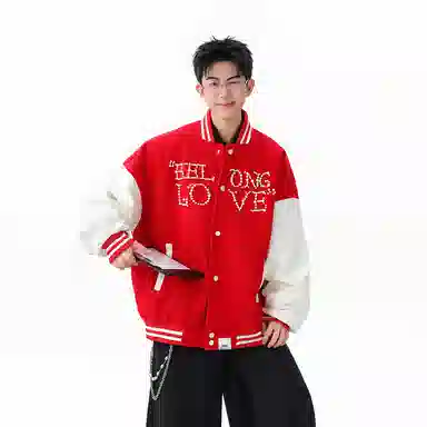 【dme】  潮流时尚设计款美式复古珍珠字母撞色拼接夹克外套男秋季宽松休闲情侣百搭中性棒球服 男女同款