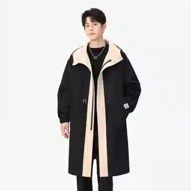 【dme】 潮流时尚撞色拼接宽松连帽中长款工装大衣男春秋简约设计假两件休闲风衣外套 男女同款