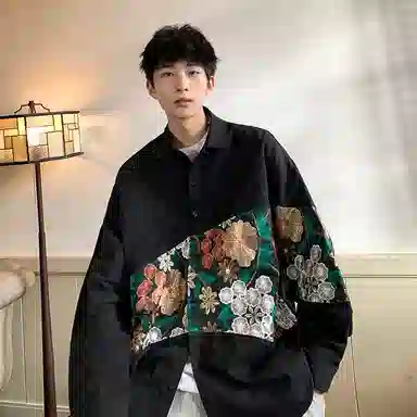 快鱼 中国风国潮刺绣拼接设计款潮牌港风舒适透气休闲宽松百搭长袖衬衫 男女同款