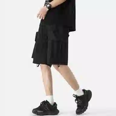 快鱼 纯色简约基础抽绳系带百搭宽松中腰多口袋工装裤薄款运动外穿五分休闲短裤 男女同款