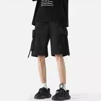 快鱼 纯色简约基础抽绳系带百搭宽松中腰多口袋工装裤薄款运动外穿五分休闲短裤 男女同款