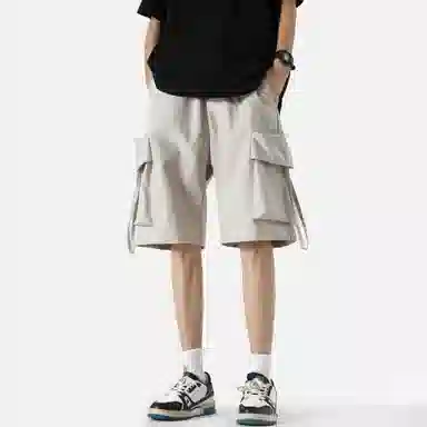 快鱼 纯色简约基础抽绳系带百搭宽松中腰多口袋工装裤薄款运动外穿五分休闲短裤 男女同款