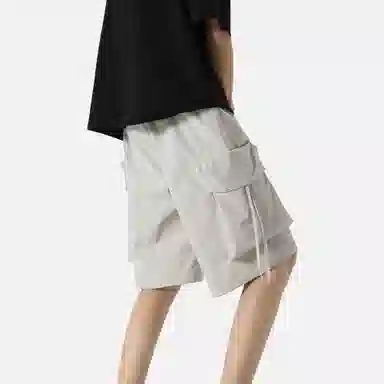 快鱼 纯色简约基础抽绳系带百搭宽松中腰多口袋工装裤薄款运动外穿五分休闲短裤 男女同款