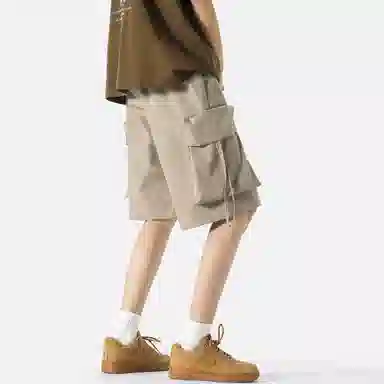 快鱼 纯色简约基础抽绳系带百搭宽松中腰多口袋工装裤薄款运动外穿五分休闲短裤 男女同款