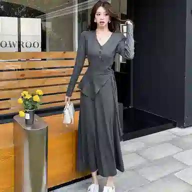 JUFU V-Neck Dress Charcoal Gray