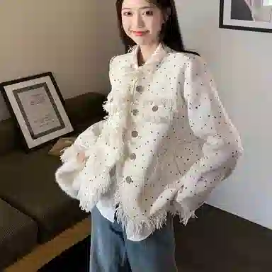 桴生 美式温柔小香风提花高级感短款时尚潮流彩色波点流苏宽松高级感长袖日常休闲百搭上衣截短外套 女款 杏色