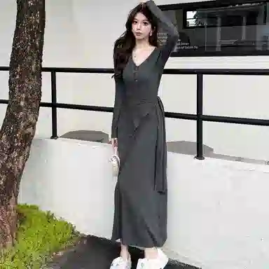 JUFU V-Neck Dress Charcoal Gray